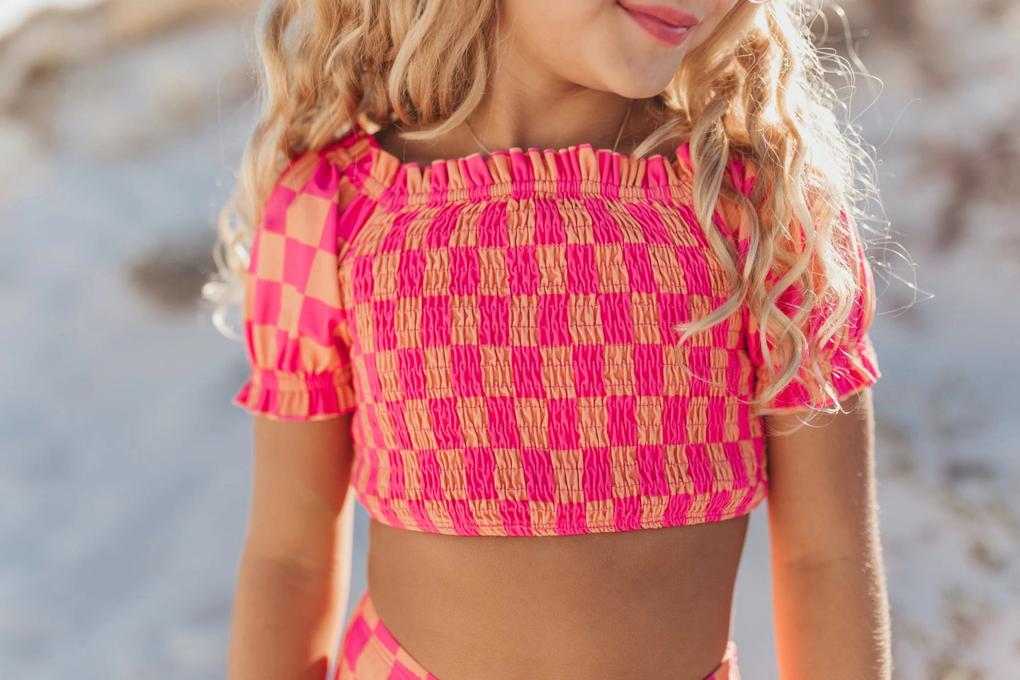 Girls Hot Pink & Tangerine Check Ruched 2 Piece Swimsuit