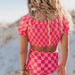 Girls Hot Pink & Tangerine Check Ruched 2 Piece Swimsuit