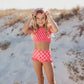 Girls Hot Pink & Tangerine Check Ruched 2 Piece Swimsuit