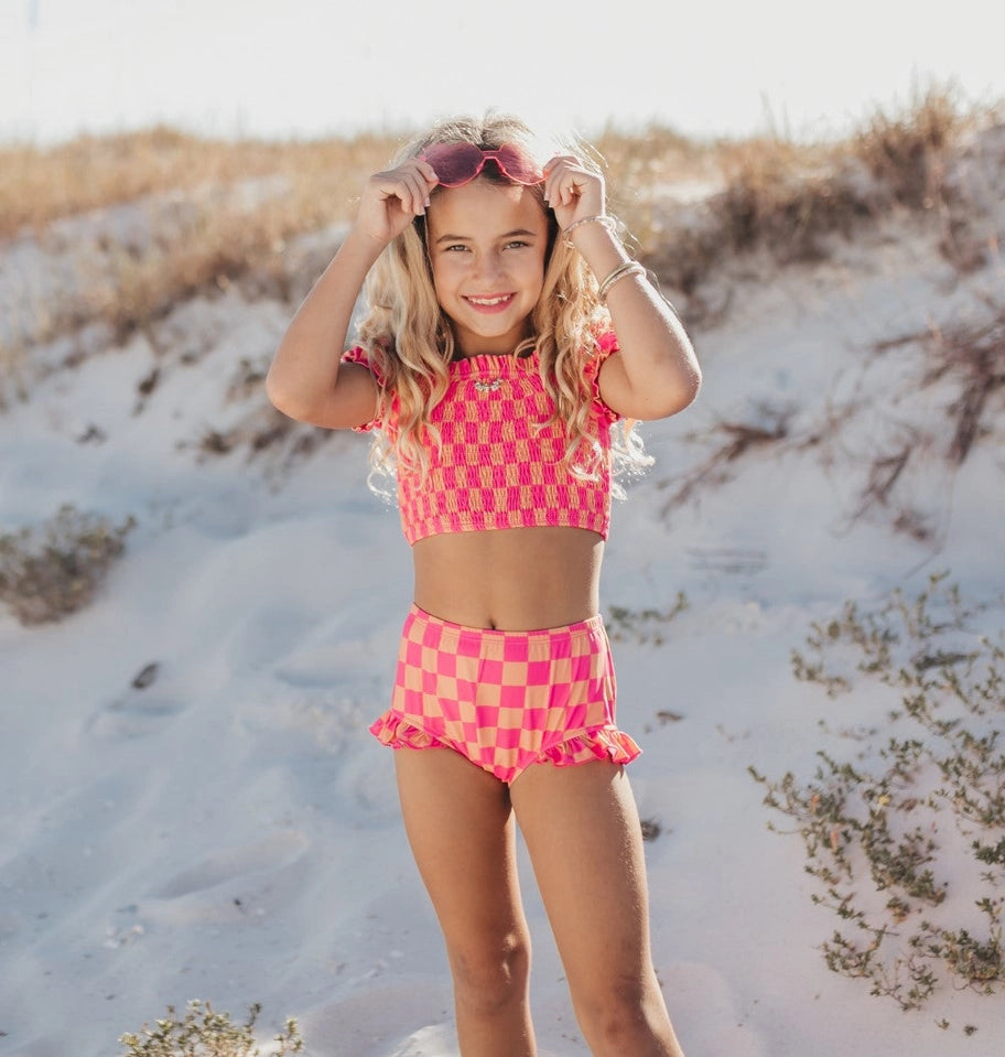 Girls Hot Pink & Tangerine Check Ruched 2 Piece Swimsuit