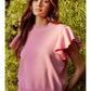 Ladies Jodifl Solid Knit Top With Crew Neck, Ruffled Shoulder, and Ribbed Hemline-Bubble Gum Pink