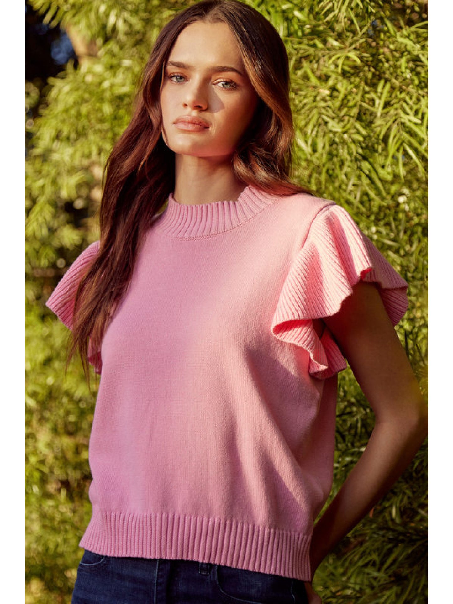 Ladies Jodifl Solid Knit Top With Crew Neck, Ruffled Shoulder, and Ribbed Hemline-Bubble Gum Pink