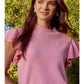 Ladies Jodifl Solid Knit Top With Crew Neck, Ruffled Shoulder, and Ribbed Hemline-Bubble Gum Pink