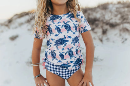 Girls Navy & Pink Sea Turtle Rash Guard Ruffle Swimsuit