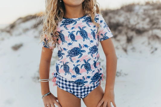 Girls Navy & Pink Sea Turtle Rash Guard Ruffle Swimsuit