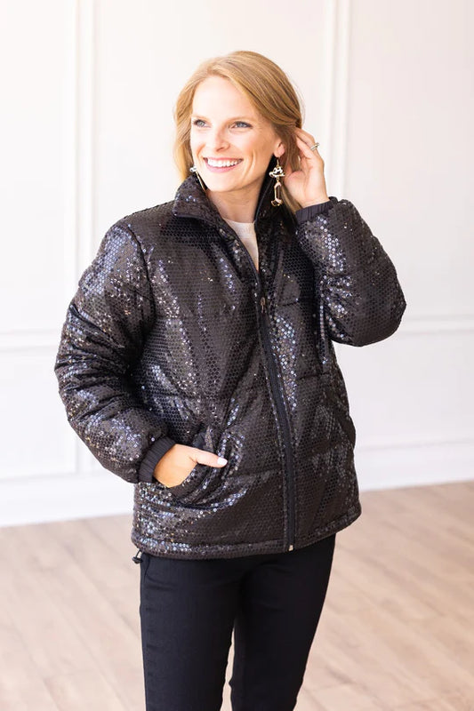 Ladies Black Sequin Puffer Jacket