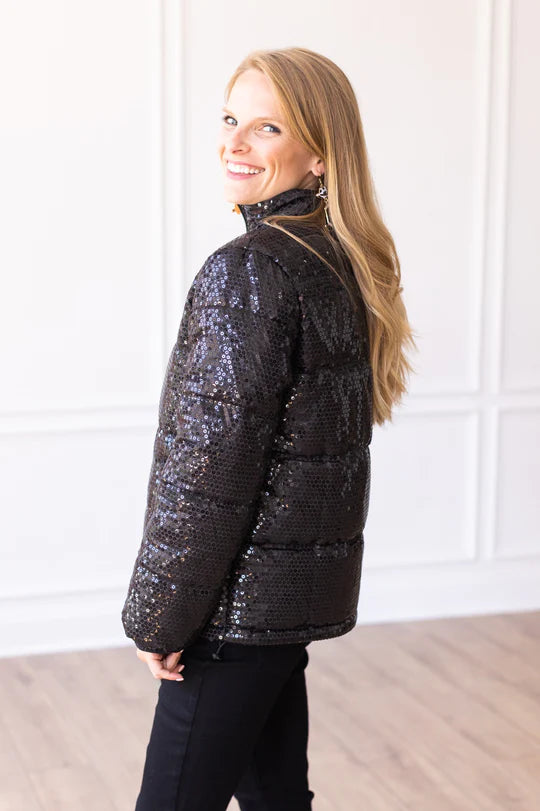 Black sequin puffer jacket online