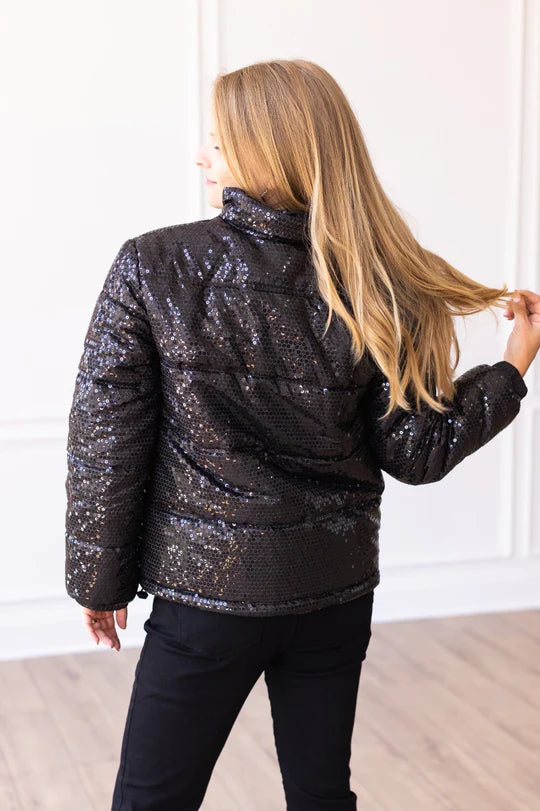 Ladies Black Sequin Puffer Jacket