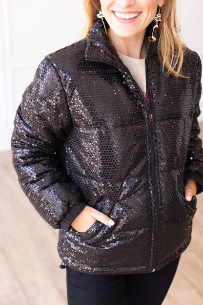 Ladies Black Sequin Puffer Jacket