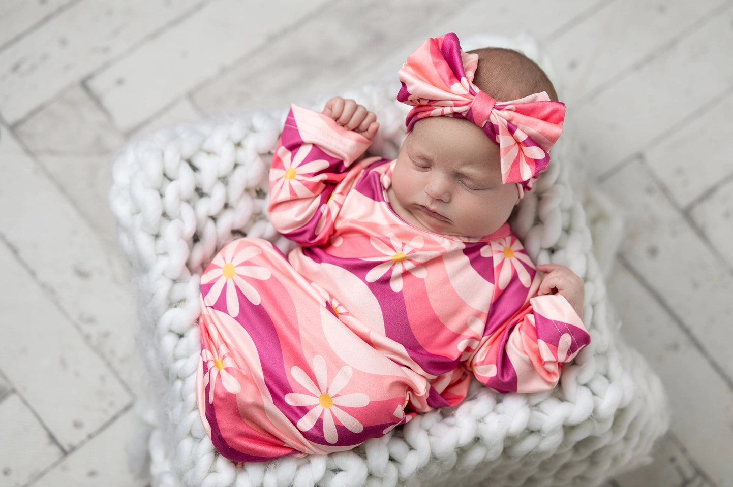 Baby Girls Pink Wave Flower Baby Gown and Bow Headband