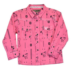 Girls Pink Horse Aztec L/S Print Shirt by Cowboy Hardware