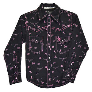 Girls Black Branding Irons L/S Print Shirt by Cowboy Hardware