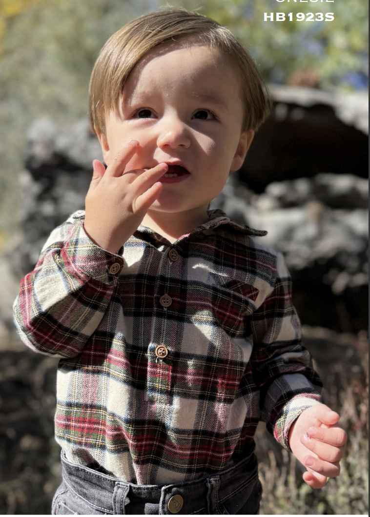 Boys Cream/Green Plaid Jasper Woven Onesie by Me & Henry