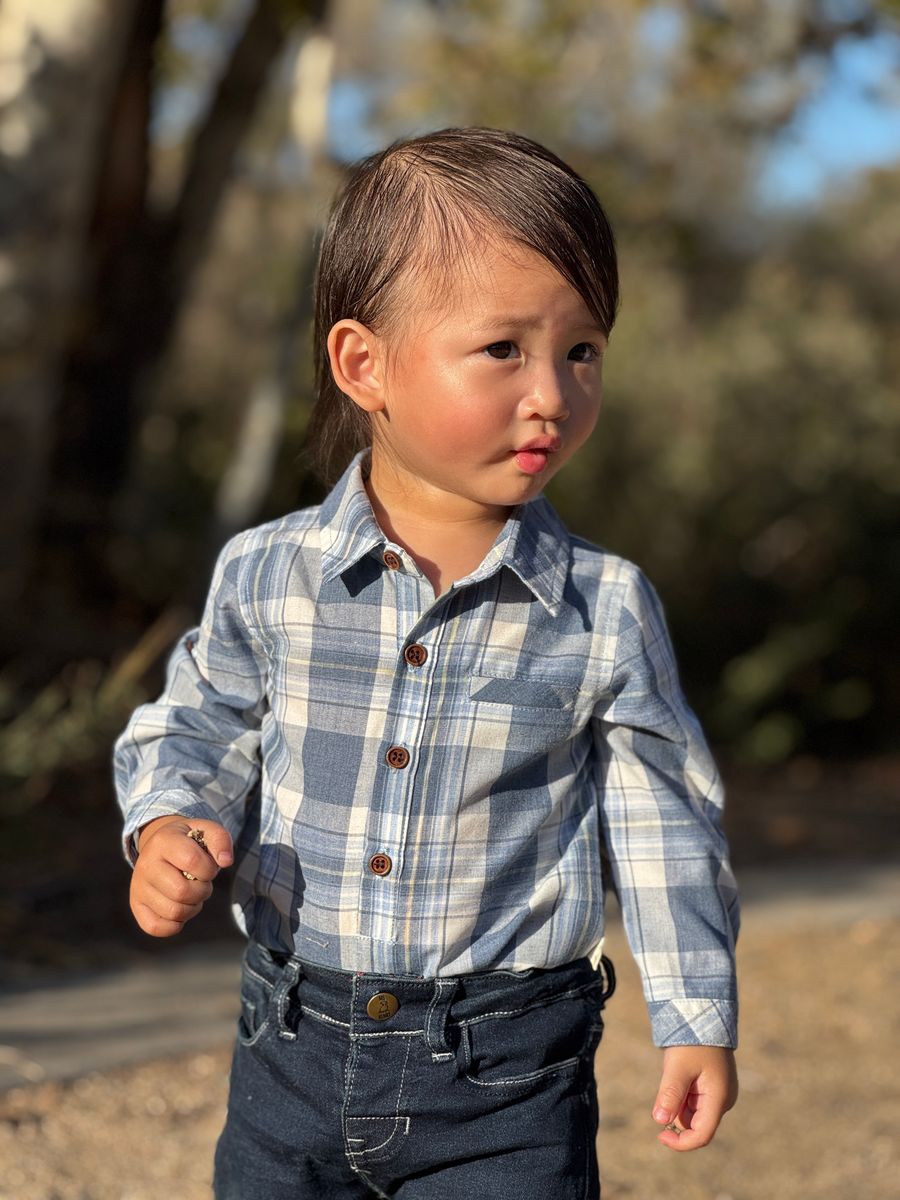 Boys Blue/White/Denim Plaid Jasper Woven Onesie by Me & Henry