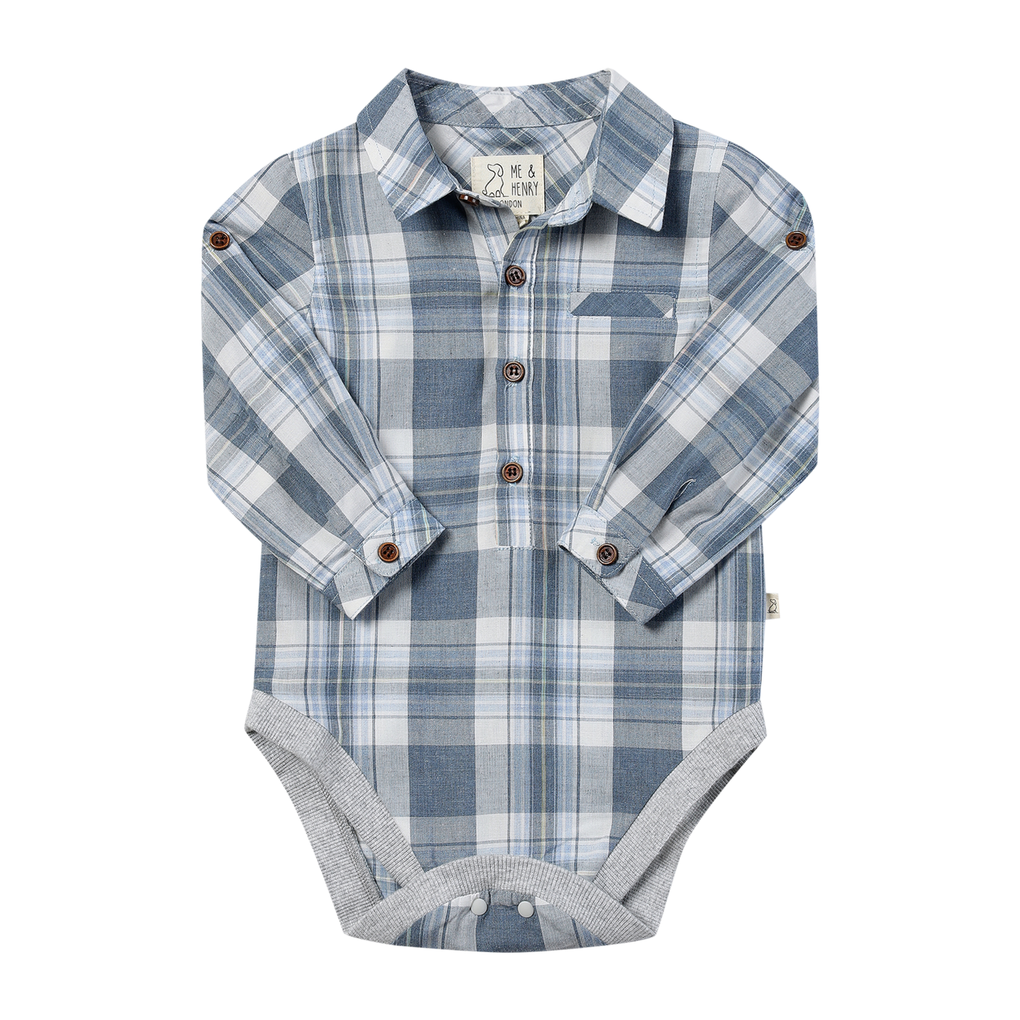 Boys Blue/White/Denim Plaid Jasper Woven Onesie by Me & Henry