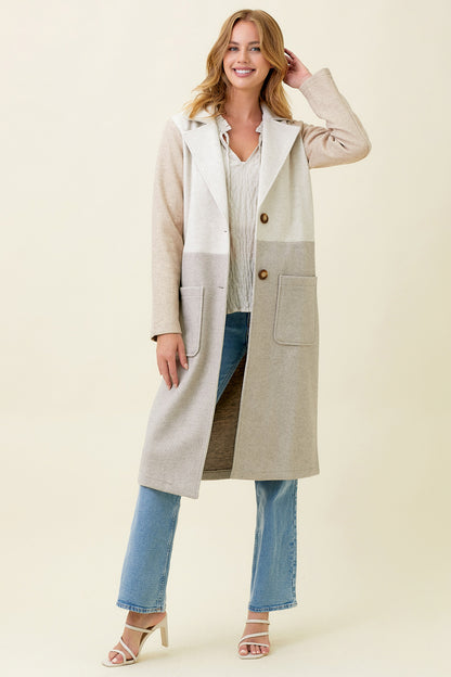 Ladies Mystree Color Block Long Coat - Oat/Stone