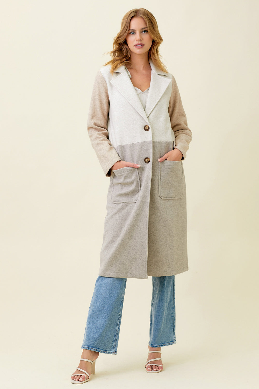 Ladies Mystree Color Block Long Coat - Oat/Stone