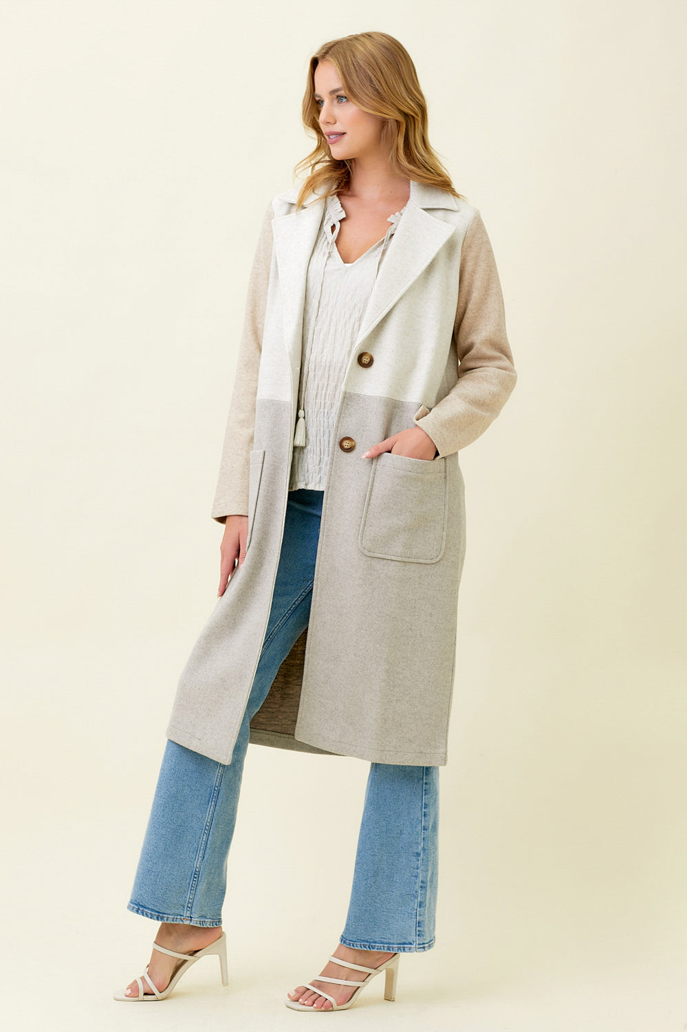 Ladies Mystree Color Block Long Coat - Oat/Stone