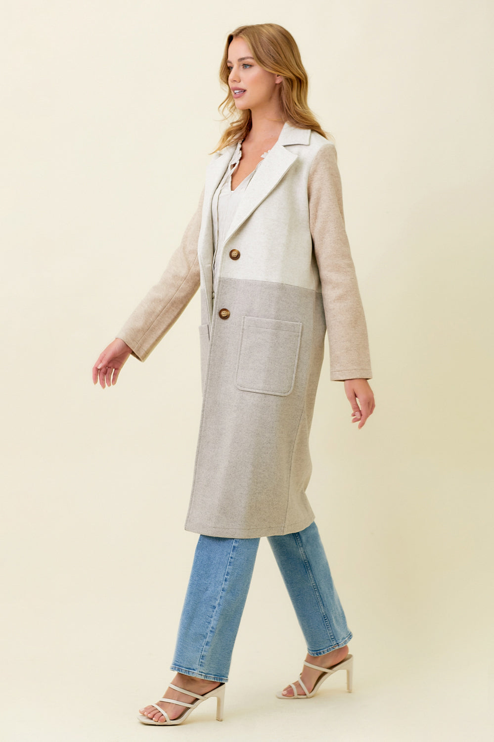 Ladies Mystree Color Block Long Coat - Oat/Stone