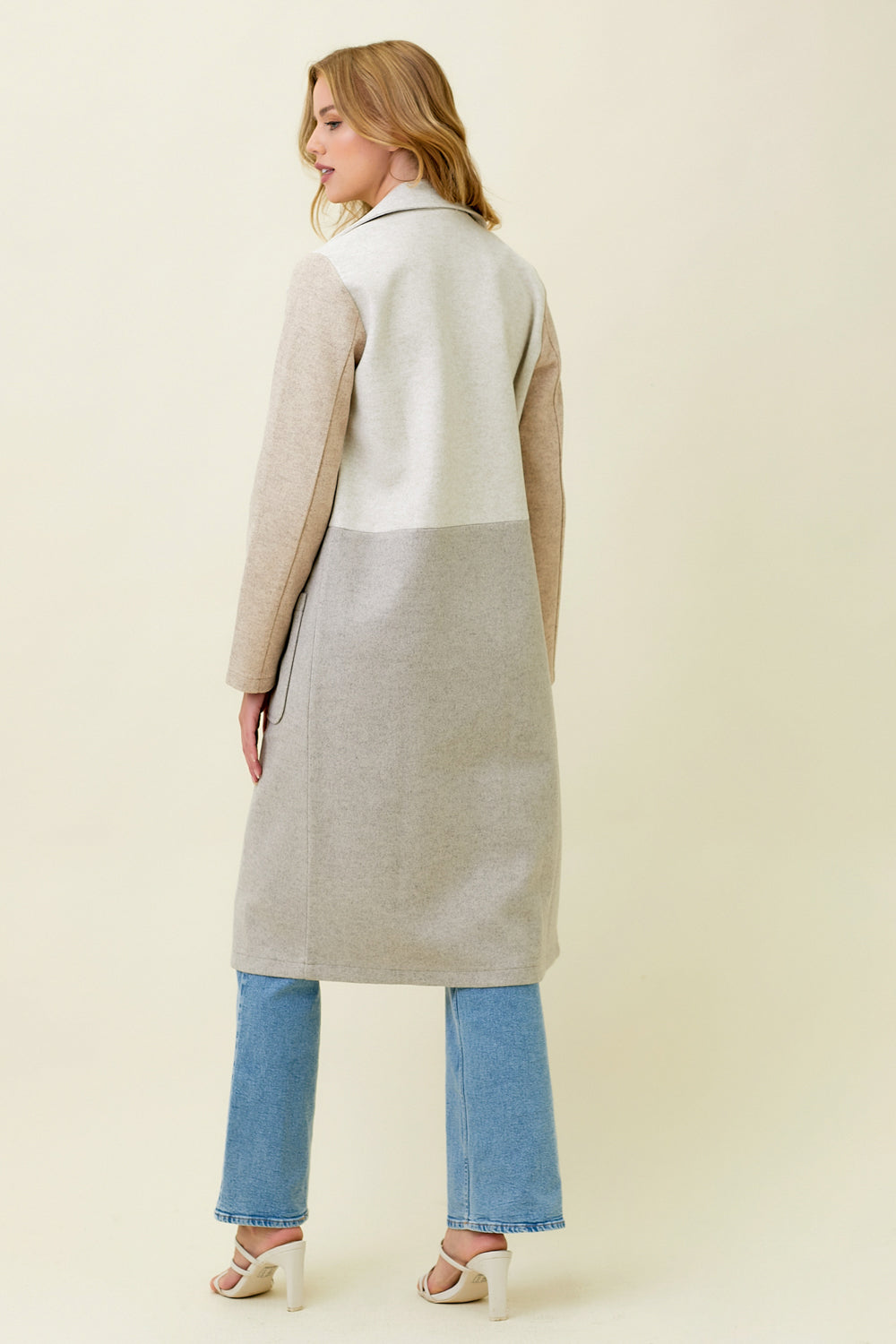 Ladies Mystree Color Block Long Coat - Oat/Stone