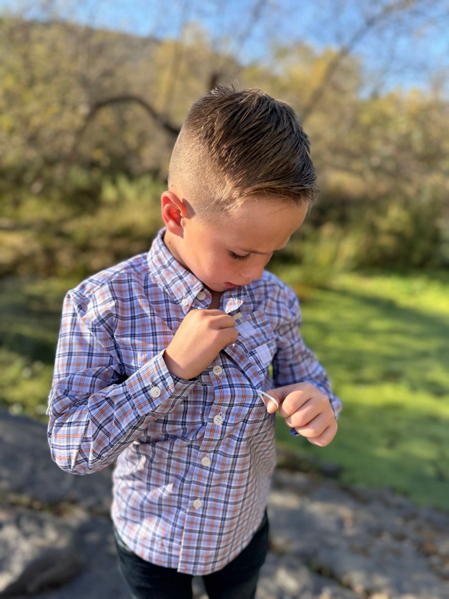 Boys Orange/Navy/White Plaid Sawyer Fishing Shirt by Me & Henry
