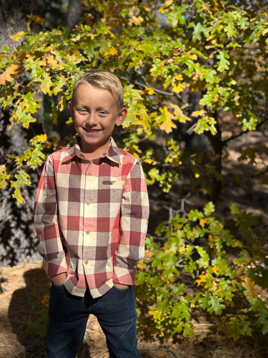 Boys Rust/Cream Large Plaid Atwood Woven Shirt by Me & Henry