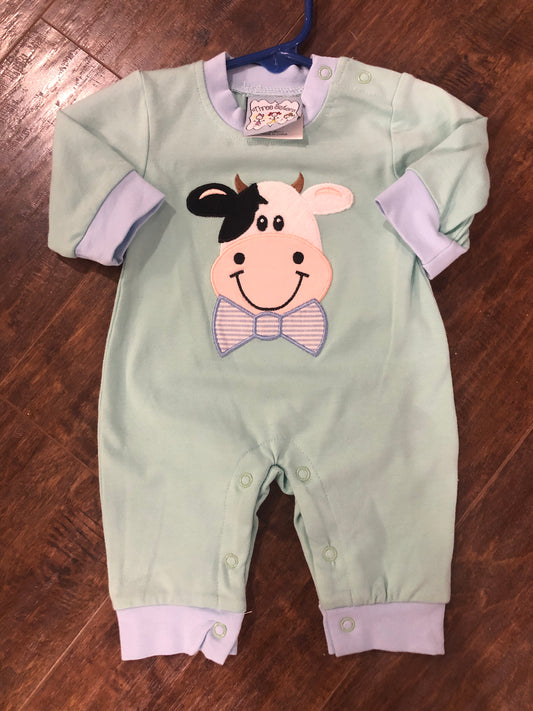 Boys Cow Head on Sage Green Romper by Three Sisters
