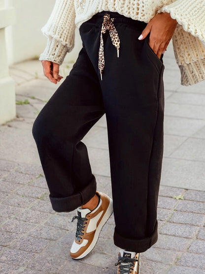 Ladies Fleece Lined Leopard Drawstring Elastic Waist Solid Pants-Black