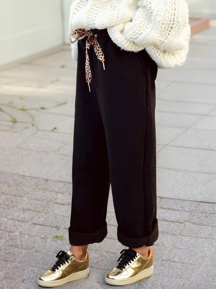 Ladies Fleece Lined Leopard Drawstring Elastic Waist Solid Pants-Black