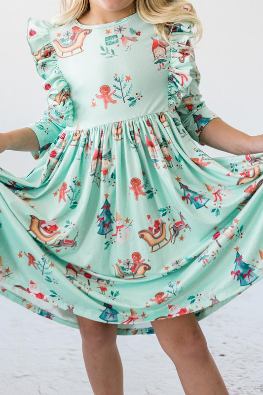 Girls Believe in Your Elf 3/4 Sleeve Ruffle Twirl Dress by Mila & Rose