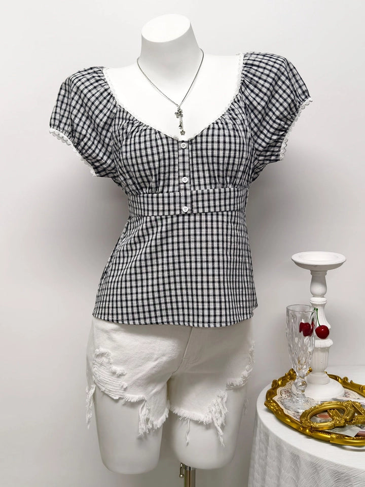 Ladies Plaid Short Sleeve Sweetheart Neck Casual Top-Black
