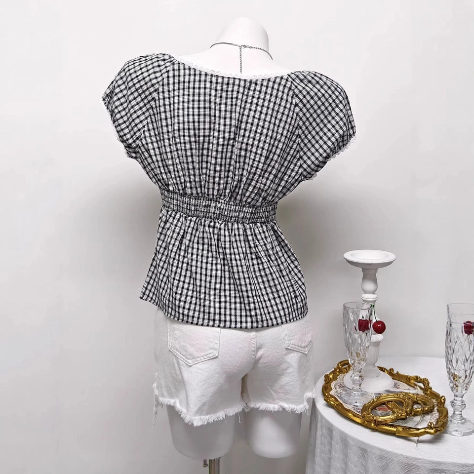 Ladies Plaid Short Sleeve Sweetheart Neck Casual Top-Black