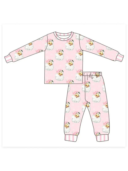 Girls Pink Vintage Santa Milk Silk 2 Piece Lunge Set by Little Bugz Boutique
