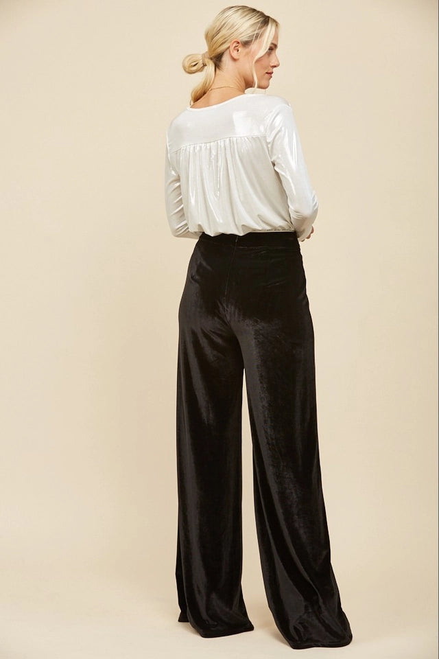 Ladies Velvet Palazzo Trouser Pants-Black