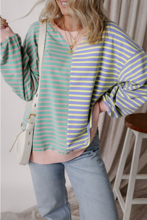 Ladies Sky Blue Stripe Casual Stripe Colorblock Drop Shoulder Oversize Sweatshirt