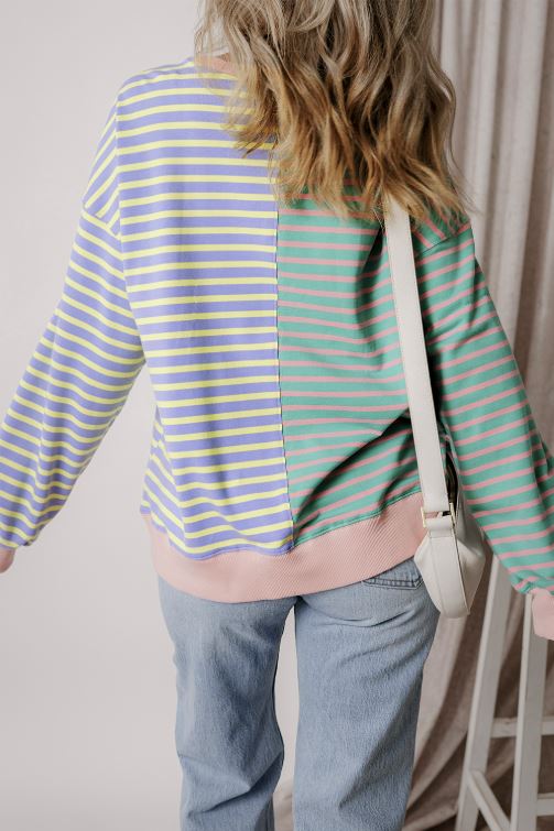 Ladies Sky Blue Stripe Casual Stripe Colorblock Drop Shoulder Oversize Sweatshirt