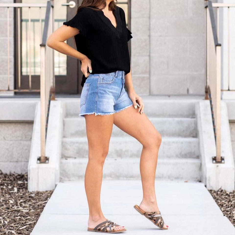Ladies Casual Daily Versatile Washed Denim Shorts-Sky Blue