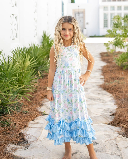 Girls Olivia 3 Ruffle Pastel Blue Floral Spring Summer Dress