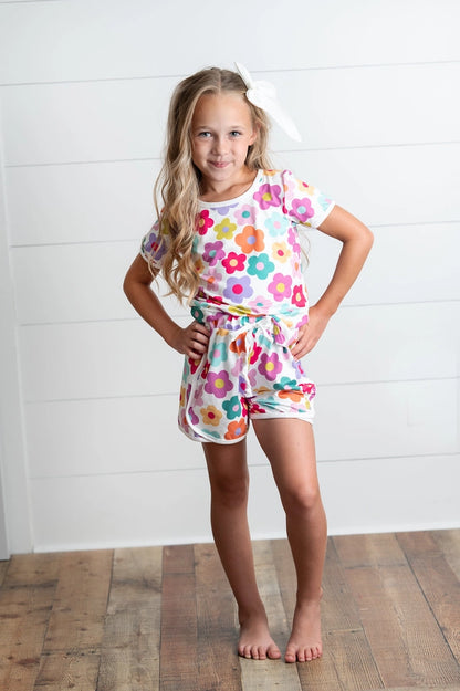 Girls Bright Pink Teal Flower Spring Summer Short Set