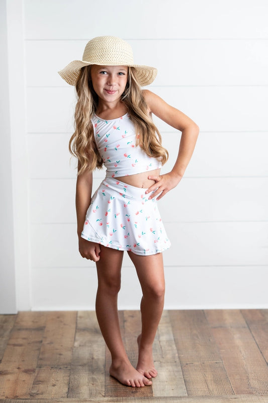 Girls White Peach 2 Piece Athletic Active Skirted Sport Set