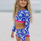 Girls Cleo Blue Palm & Hot Pink 2 Piece Rash Guard Swimsuit