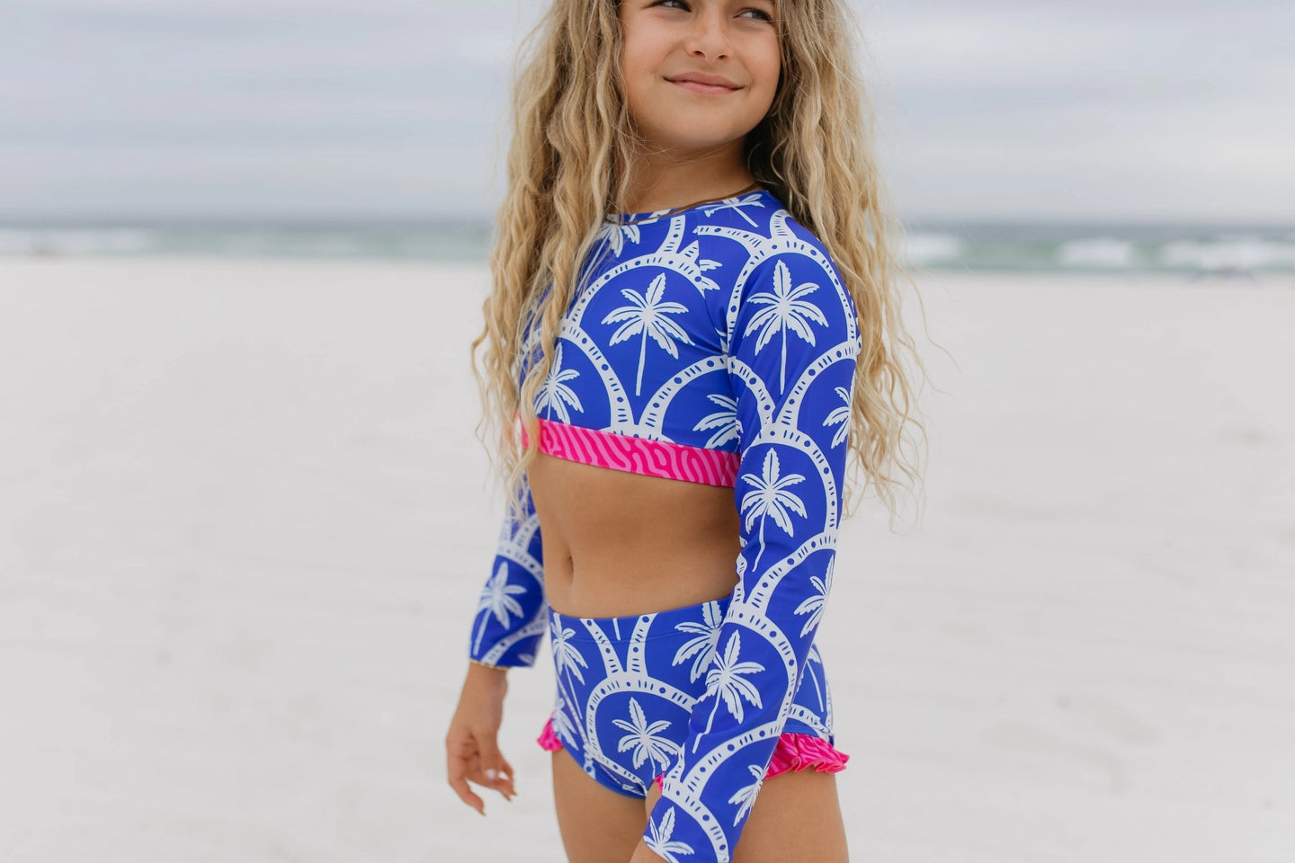 Girls Cleo Blue Palm & Hot Pink 2 Piece Rash Guard Swimsuit