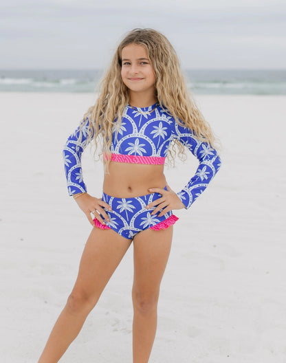 Girls Cleo Blue Palm & Hot Pink 2 Piece Rash Guard Swimsuit