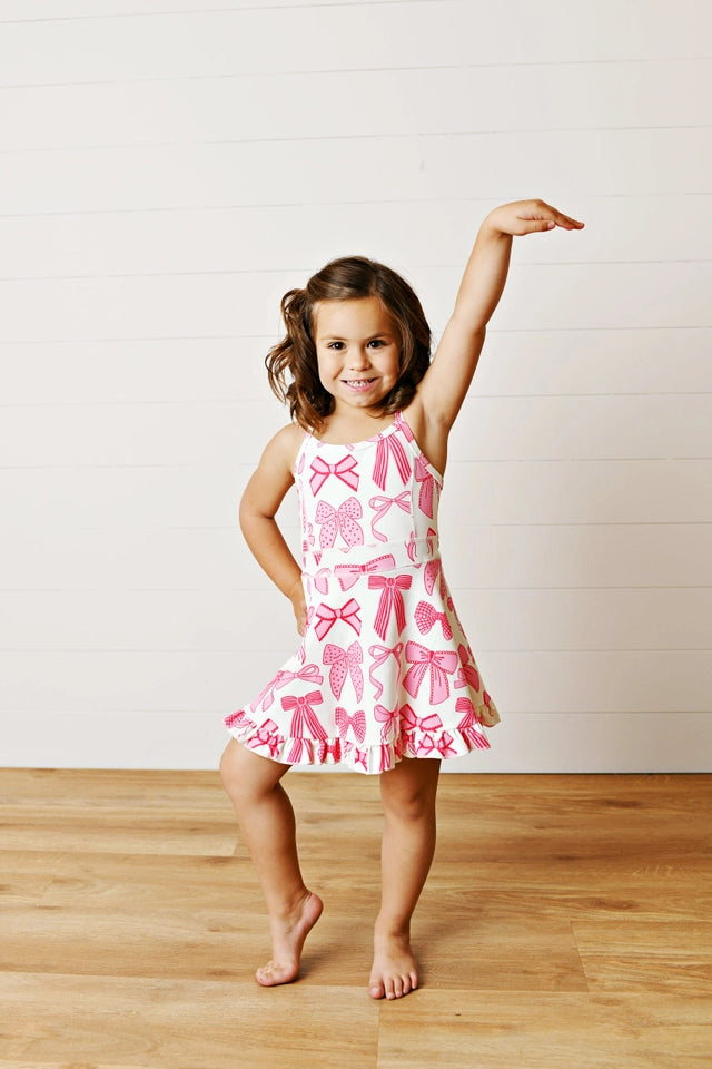 Girls White & Pink Bow Athletic Active Sport Ruffled Dress