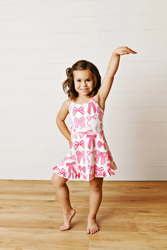 Girls White & Pink Bow Athletic Active Sport Ruffled Dress