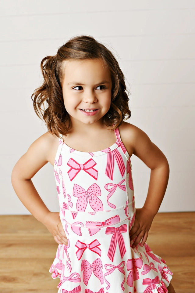 Girls White & Pink Bow Athletic Active Sport Ruffled Dress
