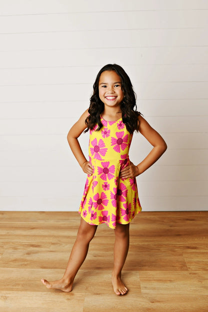 Girls Hot Pink Flower Athletic Active Sport Scalloped Dress
