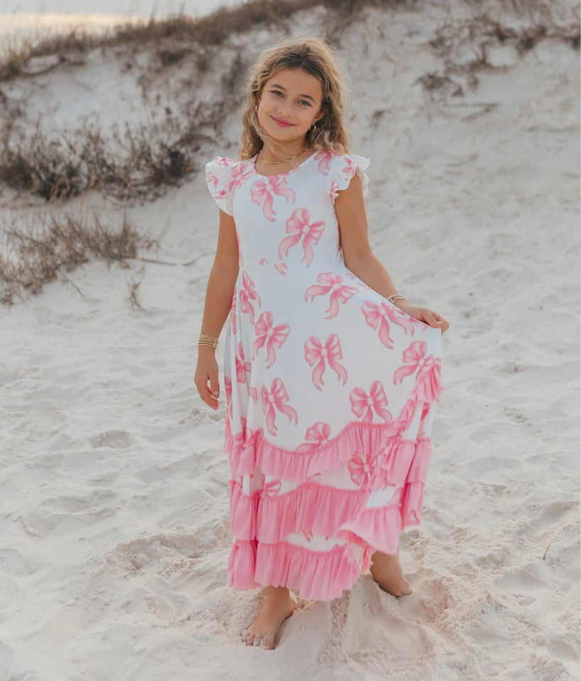 Girls Bella Pink Bow Flutter Sleeve Ruffles Spring Dress