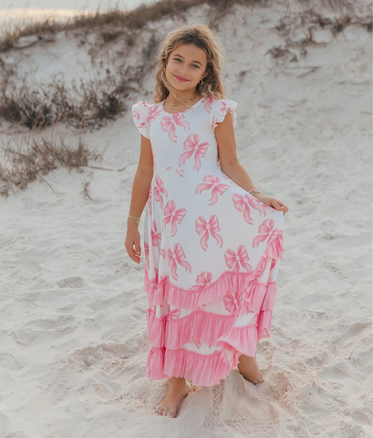 Girls Bella Pink Bow Flutter Sleeve Ruffles Spring Dress