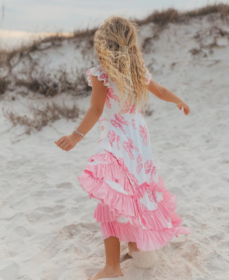 Girls Bella Pink Bow Flutter Sleeve Ruffles Spring Dress